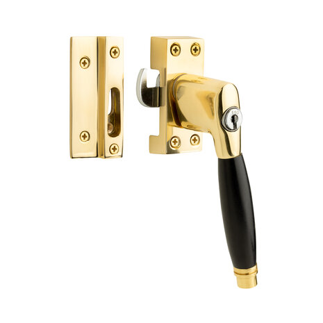 De Oude Deurklink Klassieke raamsluiting met slot, rechts, messing gelakt De Oude Deurklink Klassieke raamsluiting met slot, rechts, messing gelakt