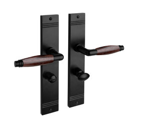 De Oude Deurklink Deurklink Retro palissander geveerd zwart op schild WC slot 63/8mm