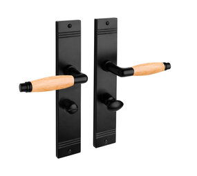 De Oude Deurklink Deurklink Retro eikenhout geveerd zwart op schild WC slot 63/8mm De Oude Deurklink Deurklink Retro eikenhout geveerd zwart op schild WC slot 63/8mm