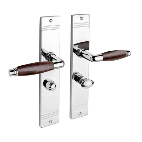 De Oude Deurklink Deurklink Retro palissander glanzend nikkel op schild WC slot 63/8 mm De Oude Deurklink Deurklink Retro palissander glanzend nikkel op schild WC slot 63/8 mm