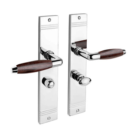 De Oude Deurklink Deurklink Retro palissander glanzend nikkel op schild WC slot 63/8 mm De Oude Deurklink Deurklink Retro palissander glanzend nikkel op schild WC slot 63/8 mm