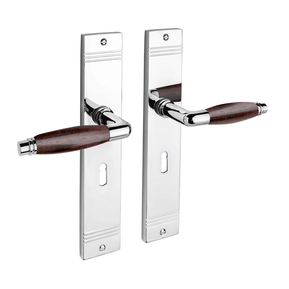 De Oude Deurklink Deurklink Retro palissander glanzend nikkel op schild sleutelgat 55mm De Oude Deurklink Deurklink Retro palissander glanzend nikkel op schild sleutelgat 55mm