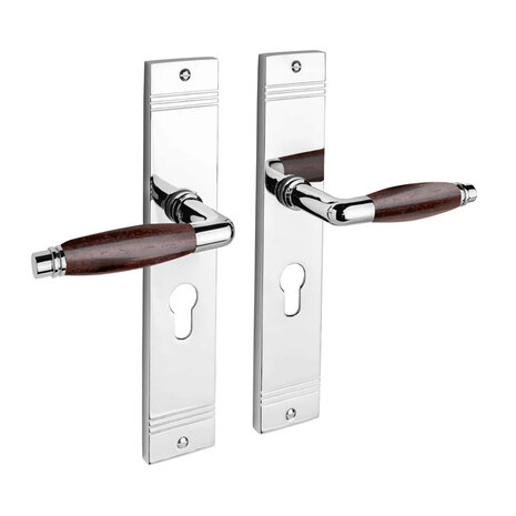 De Oude Deurklink Deurklink retro palissander glanzend nikkel op schild profielcilindergat 55mm De Oude Deurklink Deurklink retro palissander glanzend nikkel op schild profielcilindergat 55mm