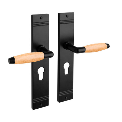 De Oude Deurklink Deurklink Retro geveerd eikenhout handgreep, zwart op schild profielcilindergat 55mm | De Oude Deurklink jaren 30 deurbeslag De Oude Deurklink Deurklink Retro geveerd eikenhout handgreep, zwart op schild profielcilindergat 55mm | De Oude Deurklink jaren 30 deurbeslag