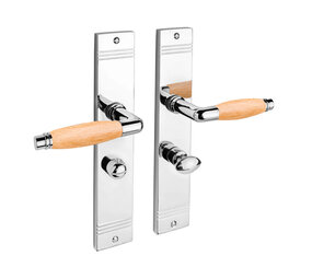 De Oude Deurklink Deurklink retro glanzend nikkel/eikenhout op schild, WC slot 63/8 mm