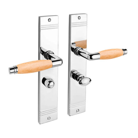 De Oude Deurklink Deurklink retro glanzend nikkel/eikenhout op schild, WC slot 63/8 mm