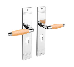 De Oude Deurklink Deurklink retro glanzend nikkel/eikenhout op schild profielcilindergat 72mm De Oude Deurklink Deurklink retro glanzend nikkel/eikenhout op schild profielcilindergat 72mm