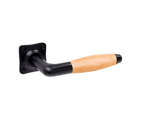 De Oude Deurklink Deurklink klassiek, eikenhout handgreep, geveerd met vierkant rozet in mat zwart De Oude Deurklink Deurklink klassiek, eikenhout handgreep, geveerd met vierkant rozet in mat zwart