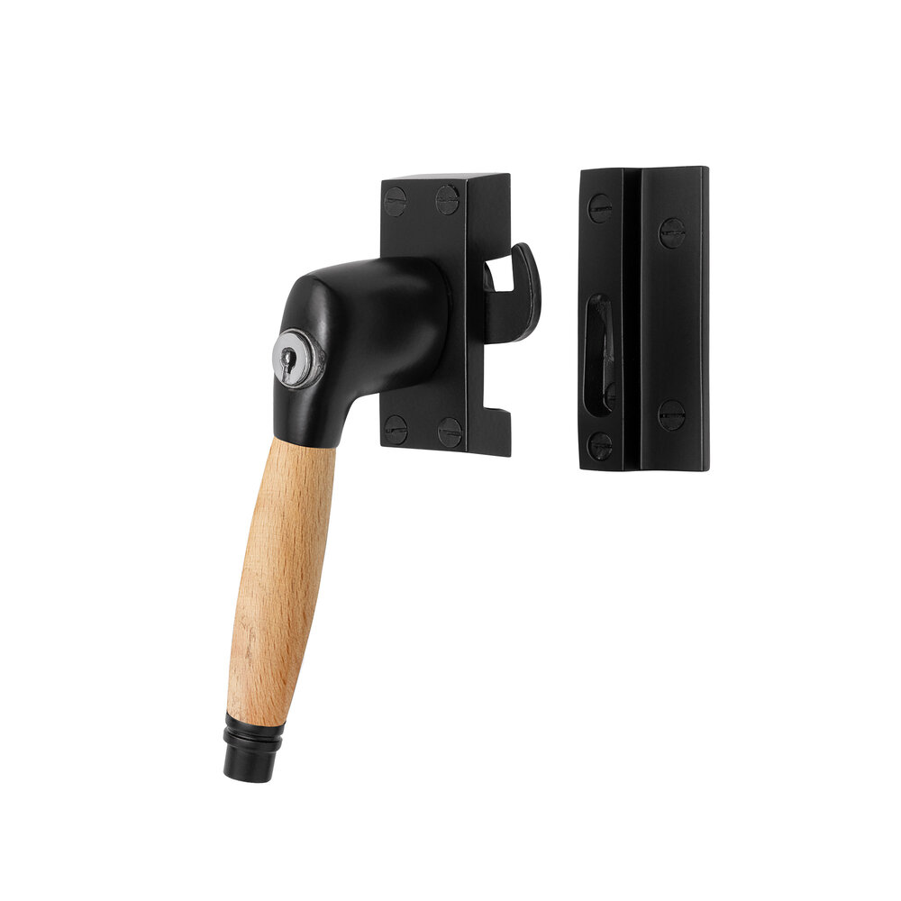 De Oude Deurklink Raamsluiting eikenhout/mat zwart met slot retro links De Oude Deurklink Raamsluiting eikenhout/mat zwart met slot retro links