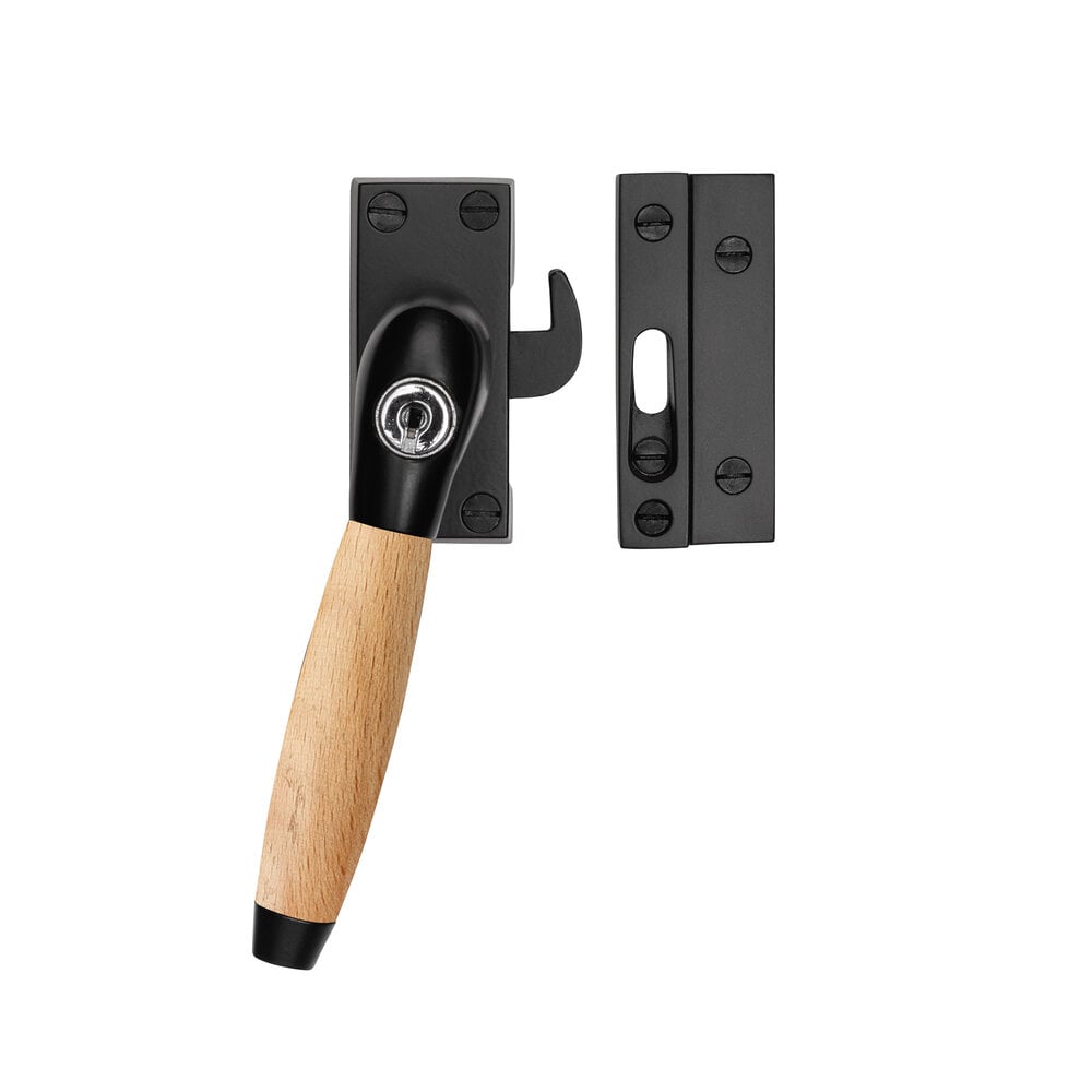 De Oude Deurklink Raamsluiting eikenhout/mat zwart met slot retro links De Oude Deurklink Raamsluiting eikenhout/mat zwart met slot retro links