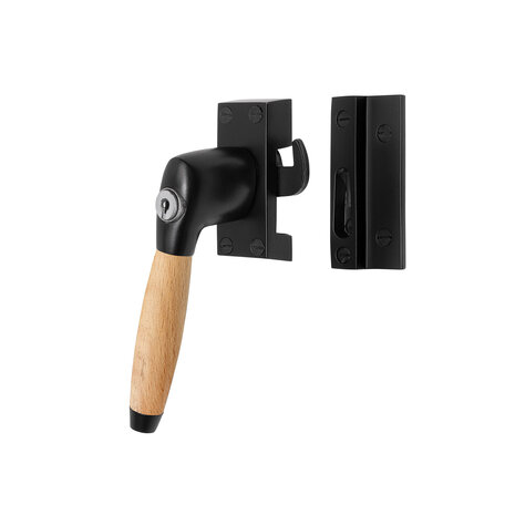 De Oude Deurklink Raamsluiting eikenhout/mat zwart met slot retro links De Oude Deurklink Raamsluiting eikenhout/mat zwart met slot retro links