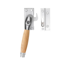 De Oude Deurklink Raamsluiting eikenhout/mat nikkel met slot retro links