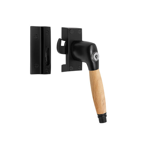 De Oude Deurklink Raamsluiting eikenhout/mat zwart met slot retro rechts De Oude Deurklink Raamsluiting eikenhout/mat zwart met slot retro rechts