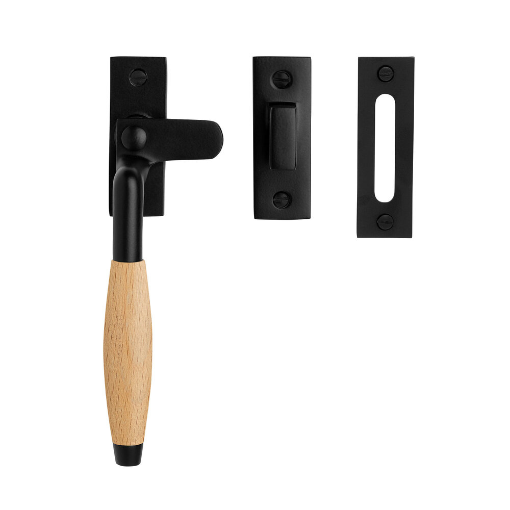 De Oude Deurklink Raamsluiting retro mat zwart/eikenhout links