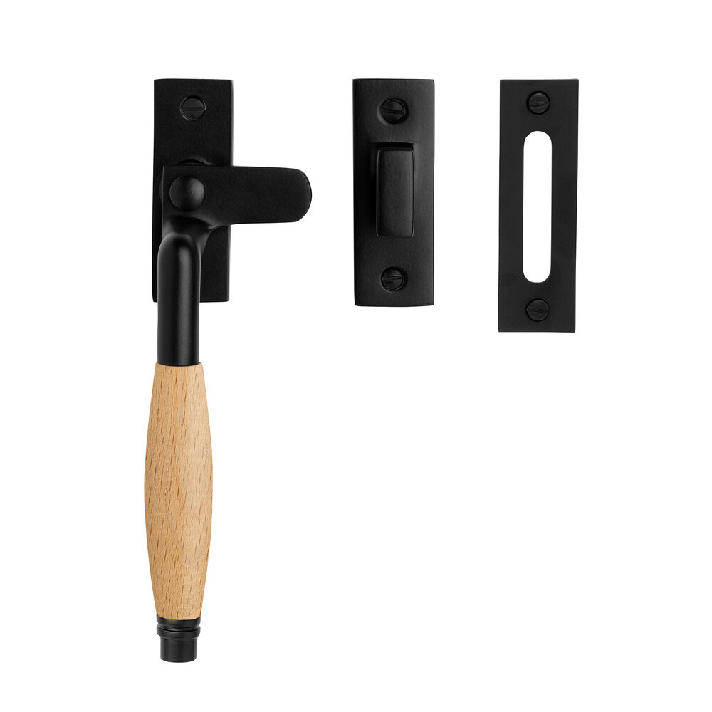 De Oude Deurklink Raamsluiting retro mat zwart/eikenhout links