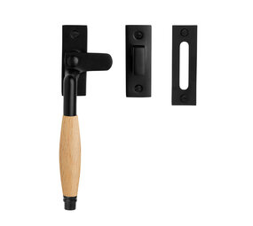 De Oude Deurklink Raamsluiting retro mat zwart/eikenhout links