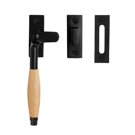 De Oude Deurklink Raamsluiting retro mat zwart/eikenhout links