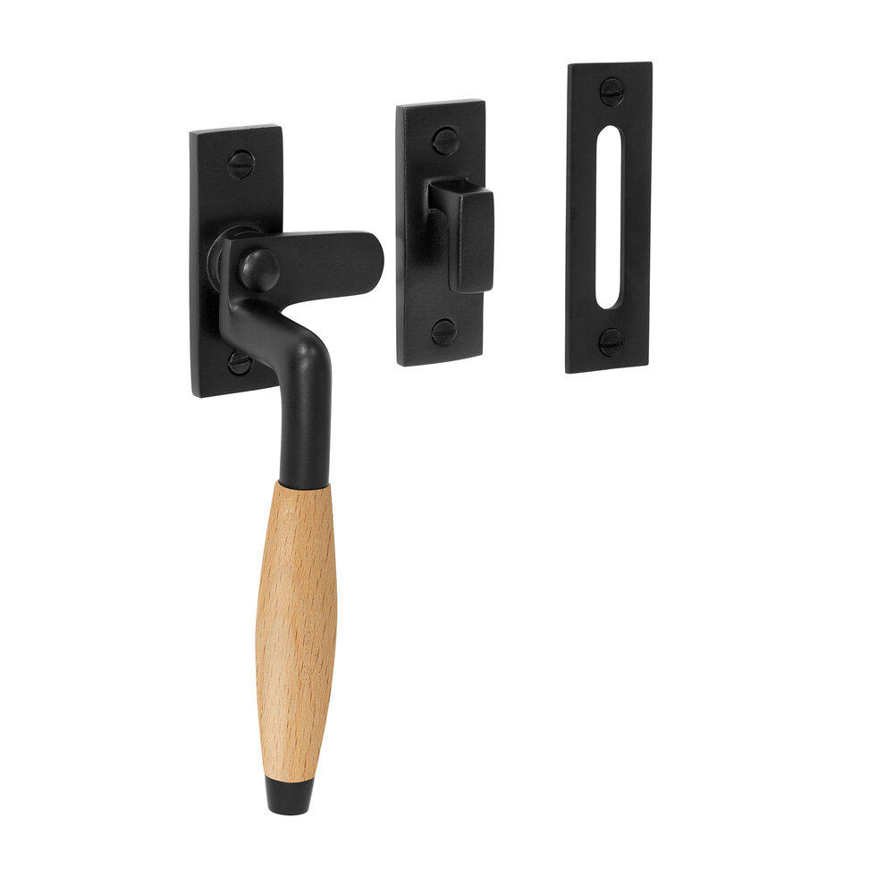 De Oude Deurklink Raamsluiting retro mat zwart/eikenhout links