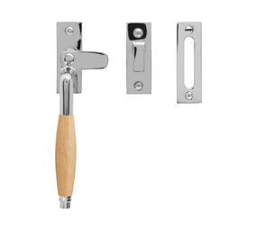 De Oude Deurklink Raamsluiting retro nikkel/eikenhout links