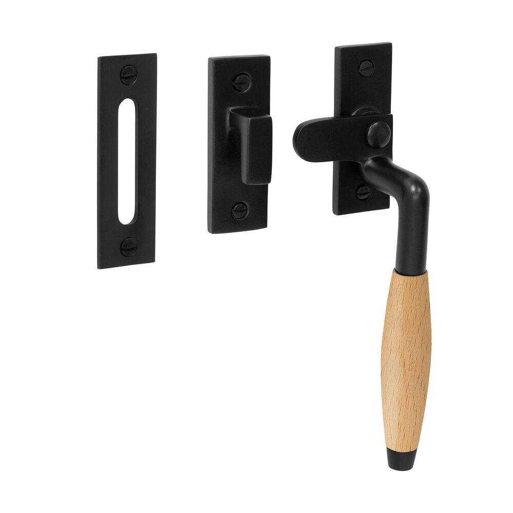 De Oude Deurklink Raamsluiting retro mat zwart/eikenhout rechts