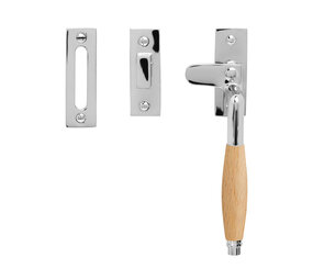 De Oude Deurklink Raamsluiting retro nikkel/eikenhout rechts