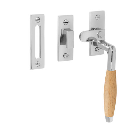 De Oude Deurklink Raamsluiting retro nikkel/eikenhout rechts De Oude Deurklink Raamsluiting retro nikkel/eikenhout rechts