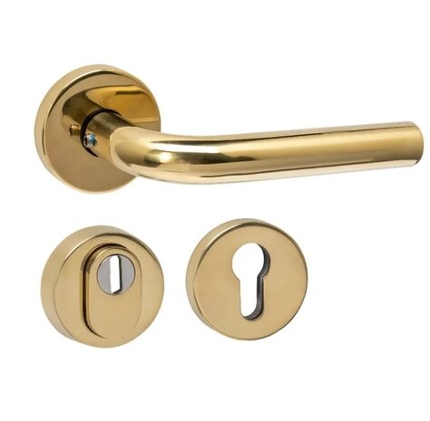 Intersteel Buitendeurbeslag set Luzern met massieve rozetten en SKG3 veiligheidsrozetten PVD messingkleur Intersteel Buitendeurbeslag set Luzern met massieve rozetten en SKG3 veiligheidsrozetten PVD messingkleur