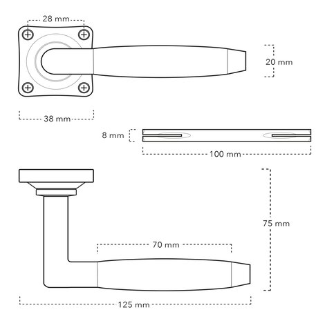 De Oude Deurklink Geveerde deurklink Ton model in messing getrommeld met vierkante rozet