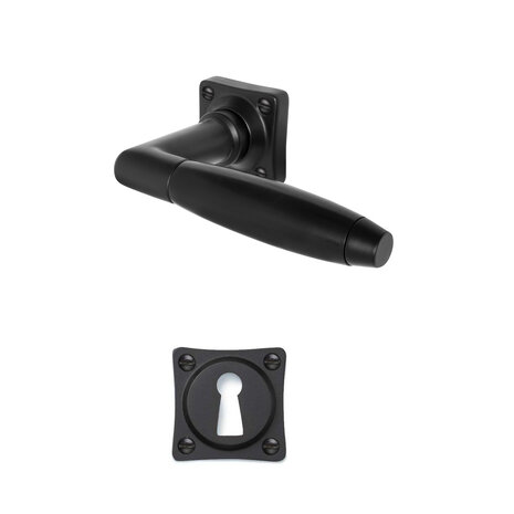 De Oude Deurklink Klassiek geveerd mat zwart vierkant met sleutelrozet De Oude Deurklink Klassiek geveerd mat zwart vierkant met sleutelrozet