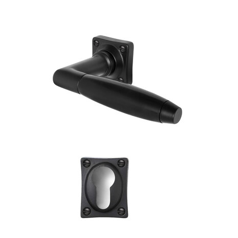 De Oude Deurklink Klassiek geveerd mat zwart vierkant met cilinderrozet De Oude Deurklink Klassiek geveerd mat zwart vierkant met cilinderrozet