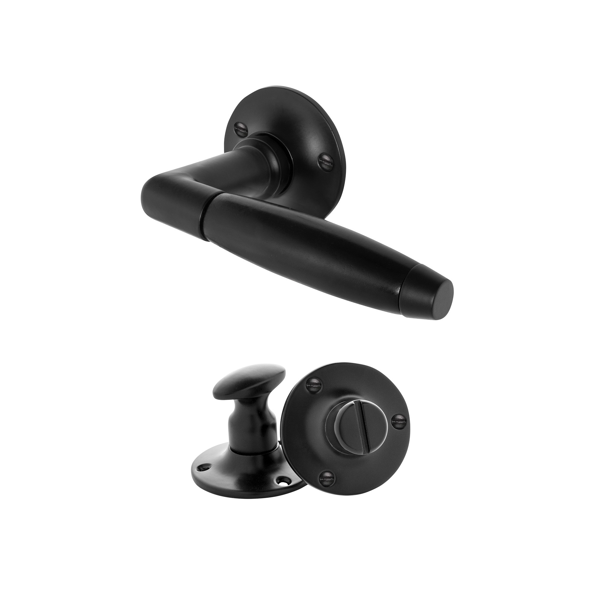 De Oude Deurklink Klassiek geveerd mat zwart rond rozet en wc slot