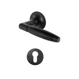 De Oude Deurklink Klassiek geveerd mat zwart rond rozet en cilinderrozet De Oude Deurklink Klassiek geveerd mat zwart rond rozet en cilinderrozet