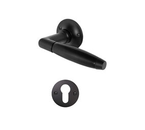 De Oude Deurklink Deurklink Geveerd Klassiek in mat zwart met ronde rozetten en cilinderrozetten