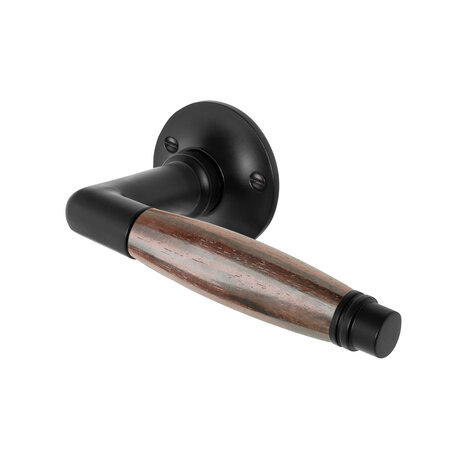 De Oude Deurklink Deurklink Retro palissander geveerd met rond rozet in mat zwart De Oude Deurklink Deurklink Retro palissander geveerd met rond rozet in mat zwart