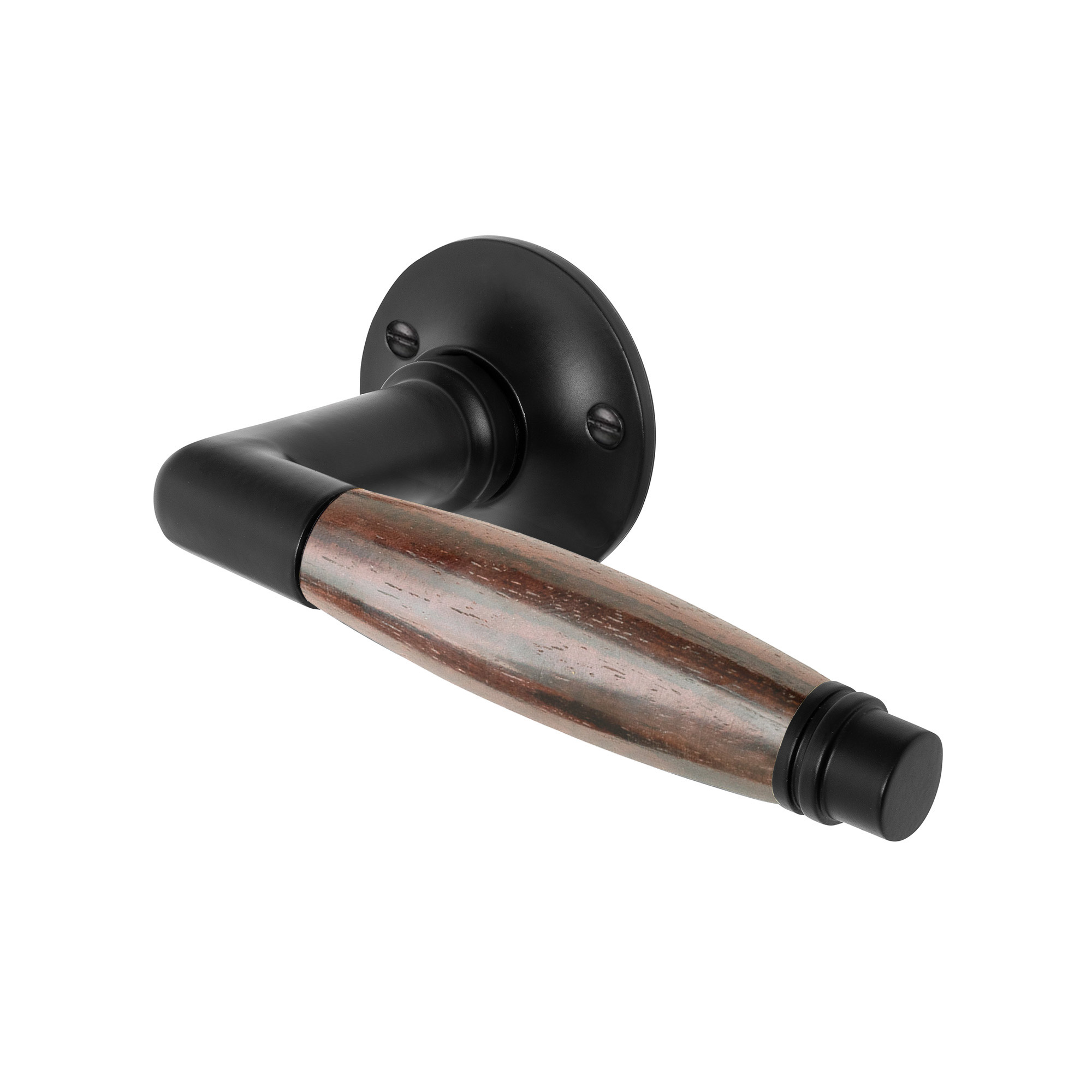 De Oude Deurklink Deurklink Retro palissander geveerd met rond rozet in mat zwart