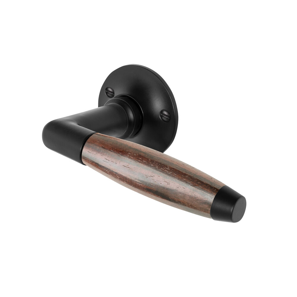 De Oude Deurklink Deurklink Retro palissander geveerd met rond rozet in mat zwart De Oude Deurklink Deurklink Retro palissander geveerd met rond rozet in mat zwart