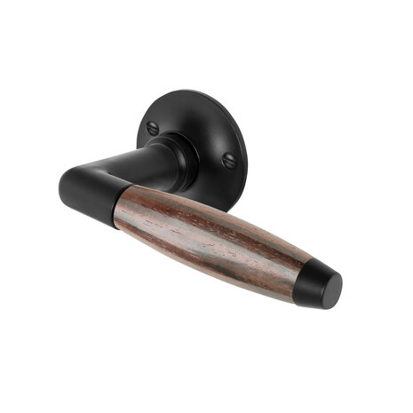 De Oude Deurklink Deurklink Retro palissander geveerd met rond rozet in mat zwart De Oude Deurklink Deurklink Retro palissander geveerd met rond rozet in mat zwart