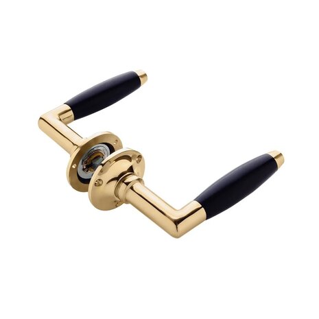 De Oude Deurklink Deurklink klassiek geveerd, messing gelakt, sleutelrozet, rond De Oude Deurklink Deurklink klassiek geveerd, messing gelakt, sleutelrozet, rond