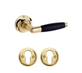 De Oude Deurklink Geveerde deurklink set Klassiek messing gelakt rond met cilinderrozetten