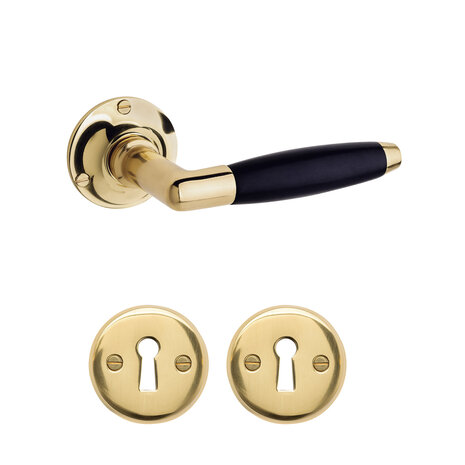 De Oude Deurklink Deurklink klassiek geveerd, messing gelakt, sleutelrozet, rond De Oude Deurklink Deurklink klassiek geveerd, messing gelakt, sleutelrozet, rond