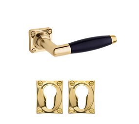 De Oude Deurklink Deurklink klassiek geveerd, messing gelakt, cilinderrozet, vierkant De Oude Deurklink Deurklink klassiek geveerd, messing gelakt, cilinderrozet, vierkant