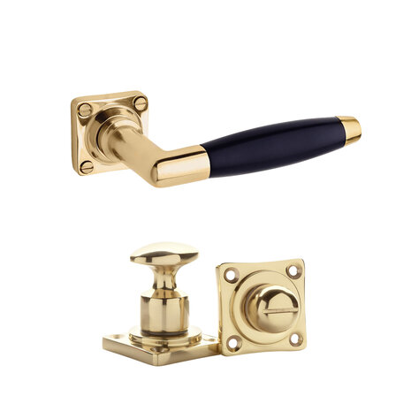 De Oude Deurklink Deurklink klassiek geveerd, messing gelakt, WC slot, vierkant De Oude Deurklink Deurklink klassiek geveerd, messing gelakt, WC slot, vierkant