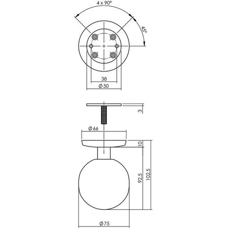 Intersteel Voordeurknop Bol ø75mm op achterplaat éénzijdige montage PVD messing getrommeld