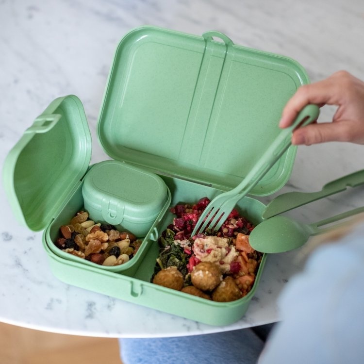 Lunch box set PASCAL READY, with travel cutlery set, organic green, Koziol  