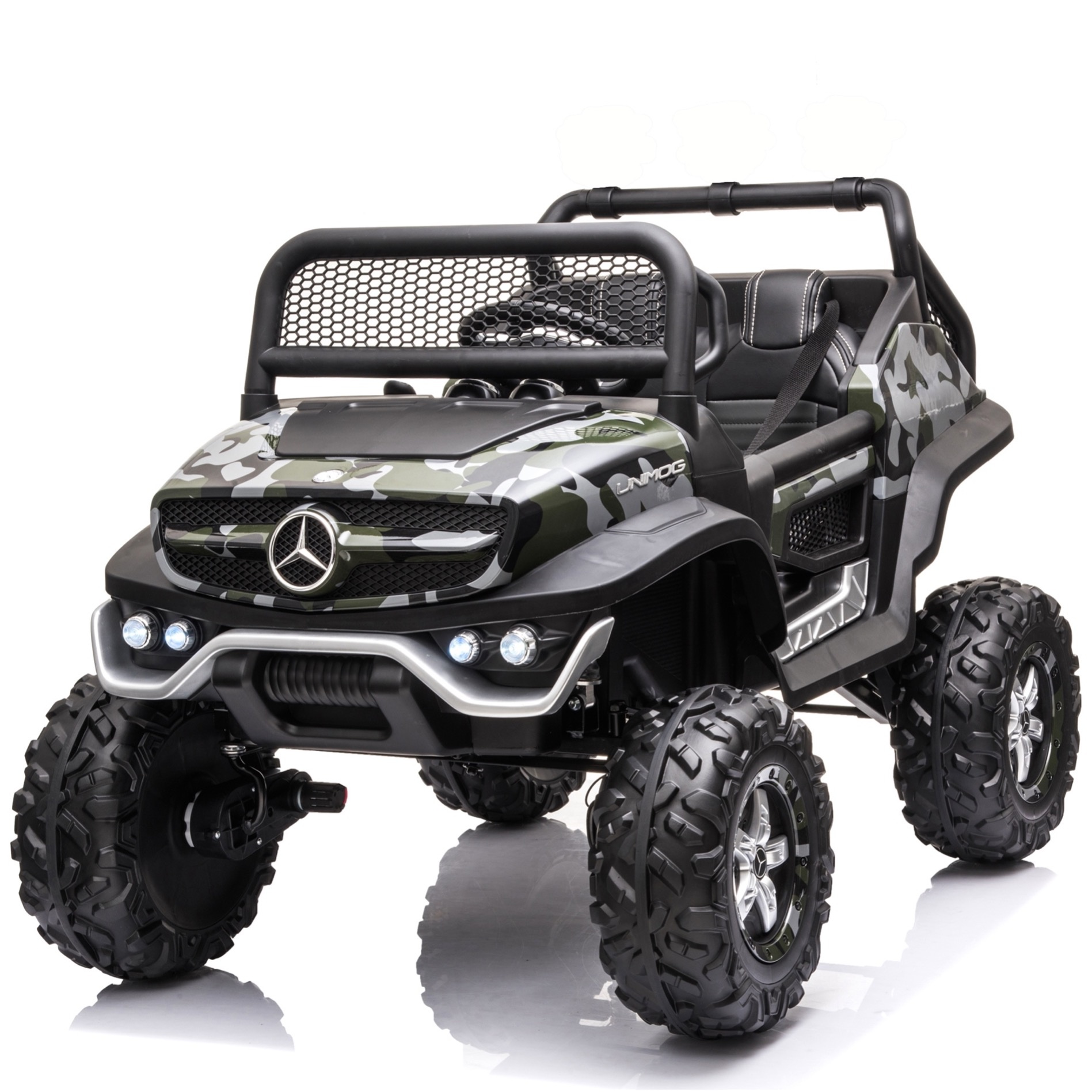 FINOOS Buggy 4x4 Voiture électrique Enfant Mercedes Unimog 12V, avec télécommande 2.4Ghz, Siège en Cuir et Roues en Gomme (EVA) 4 x Moteur 12V 45W, Batterie: 12V10Ah, 1-5 Ans (Noir