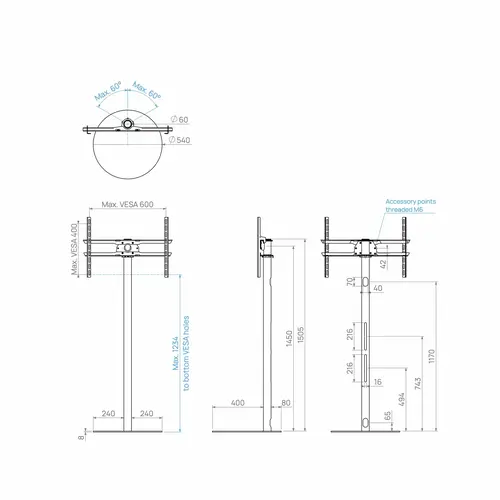 Cavus TV Standaard Sphere 150 cm Zwart VESA 600x400 mm