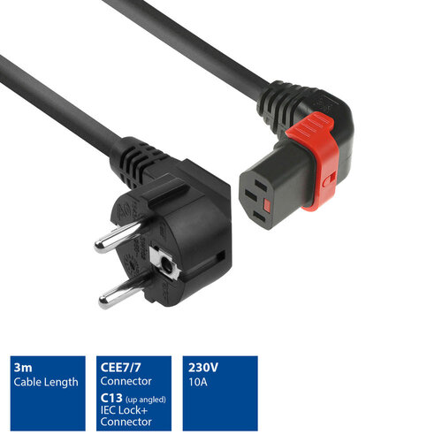 ACT Stroomkabel Schucko CEE7/7 (haaks) - C13 Lock (haaks)- 3.0 meter - Zwart