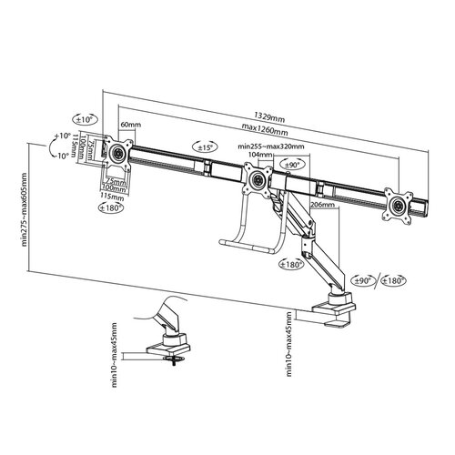 Neomounts Monitorarm voor 3 schermen NM-D775DX3WHITE - Monitorsteun voor 3 schermen (17-24 inch)-Wit