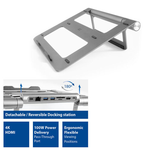 ACT Laptopstandaard aluminium, traploos in hoogte verstelbaar, afneembaar USB-C dockingstation