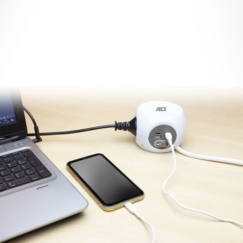 ACT PowerCube Verlengblok 3x Stroom, 2x USB A en 2x USB C - 1.5 meter Grijs